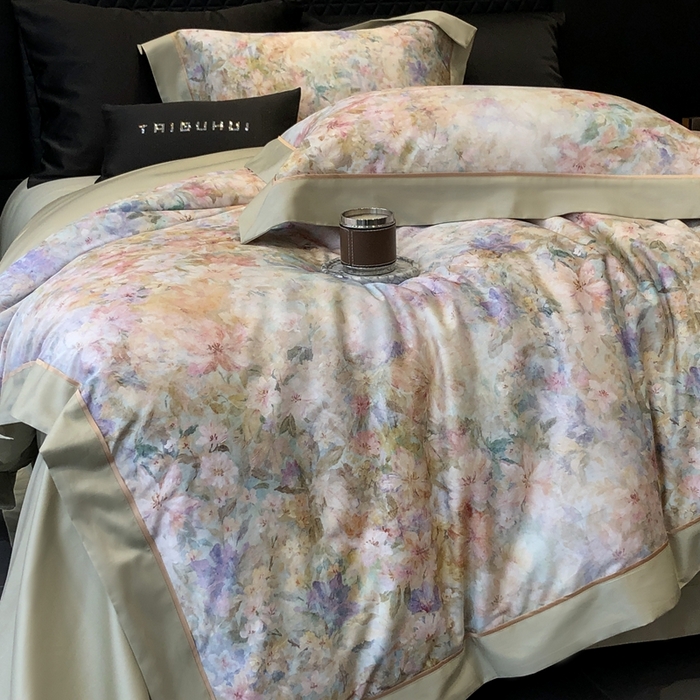 91家纺网 家纺一手货源 找家纺 太古汇家居 2025新款长绒棉纯棉活性丝光工艺数码印花四件套 苒晞-绿