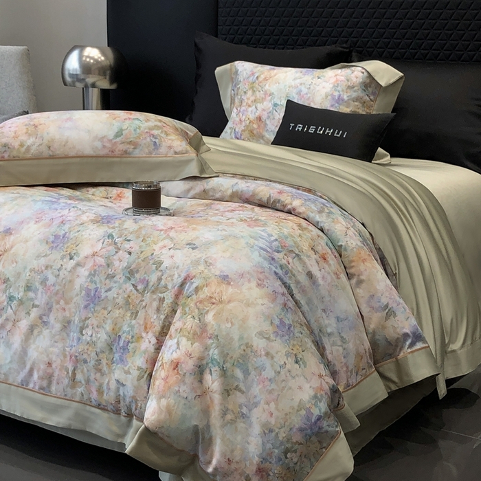 91家纺网 家纺一手货源 找家纺 太古汇家居 2025新款长绒棉纯棉活性丝光工艺数码印花四件套 苒晞-绿