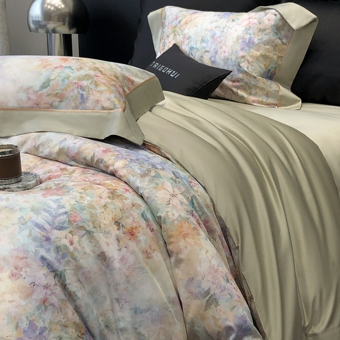 91家纺网 家纺一手货源 找家纺 太古汇家居 2025新款长绒棉纯棉活性丝光工艺数码印花四件套 苒晞-绿