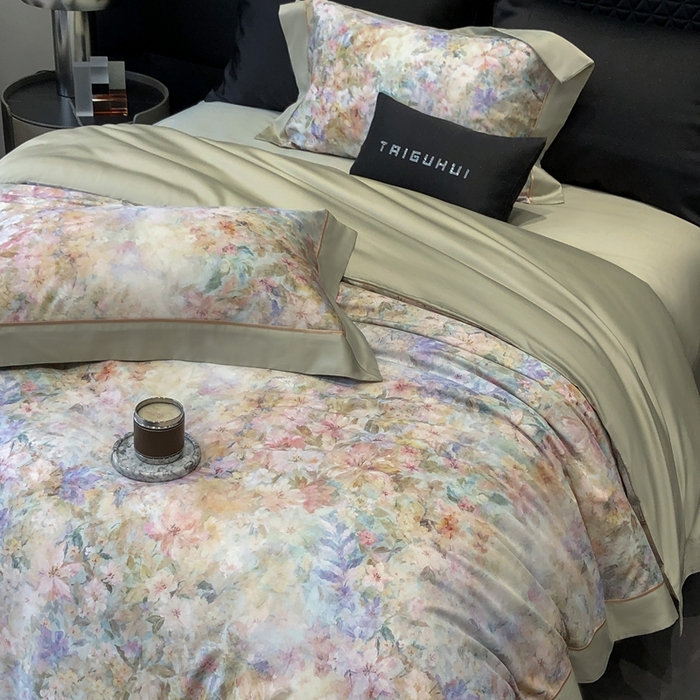 91家纺网 家纺一手货源 找家纺 太古汇家居 2025新款长绒棉纯棉活性丝光工艺数码印花四件套 苒晞-绿