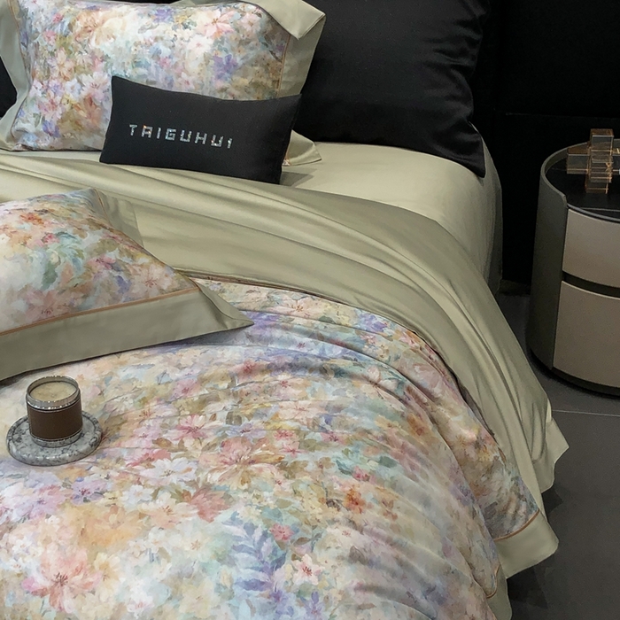 91家纺网 家纺一手货源 找家纺 太古汇家居 2025新款长绒棉纯棉活性丝光工艺数码印花四件套 苒晞-绿