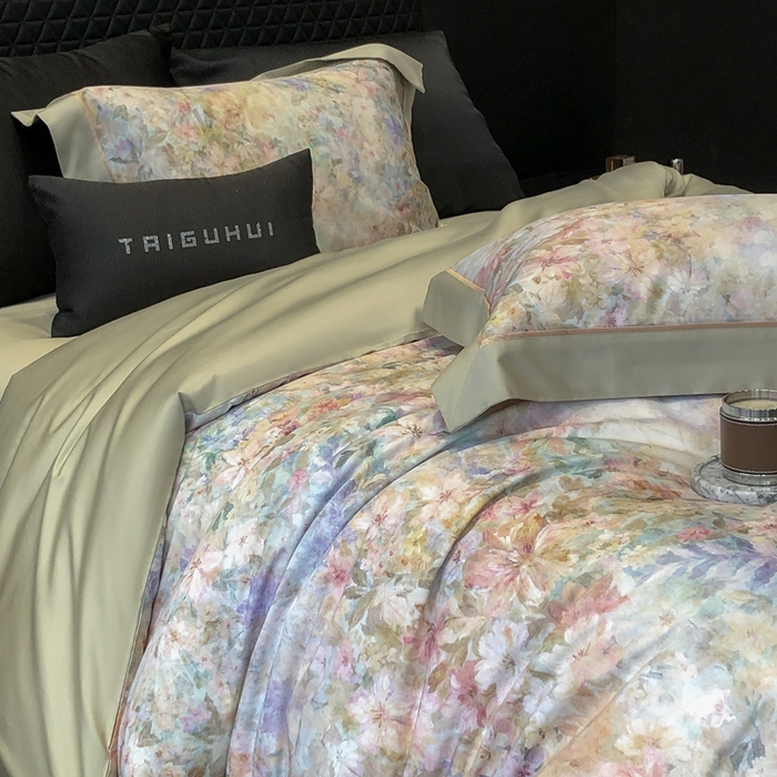 91家纺网 家纺一手货源 找家纺 太古汇家居 2025新款长绒棉纯棉活性丝光工艺数码印花四件套 苒晞-绿