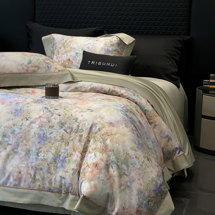 91家纺网 家纺一手货源 找家纺 太古汇家居 2025新款长绒棉纯棉活性丝光工艺数码印花四件套 苒晞-绿