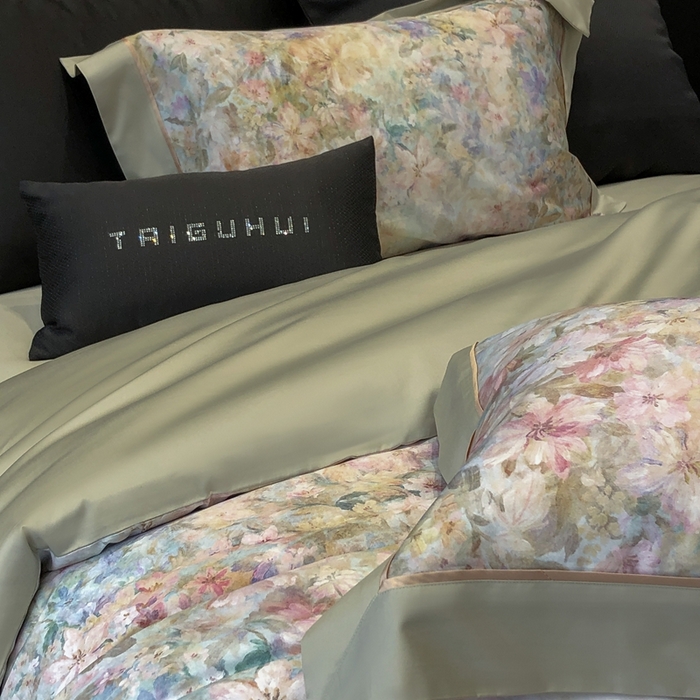 91家纺网 家纺一手货源 找家纺 太古汇家居 2025新款长绒棉纯棉活性丝光工艺数码印花四件套 苒晞-绿