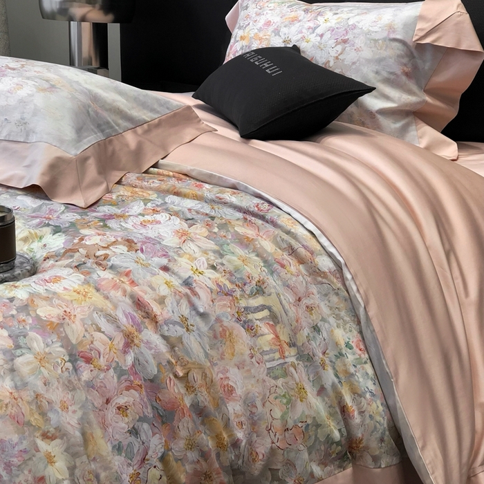 91家纺网 家纺一手货源 找家纺 太古汇家居 2025新款长绒棉纯棉活性丝光工艺数码印花四件套 花慕里-藕粉玉