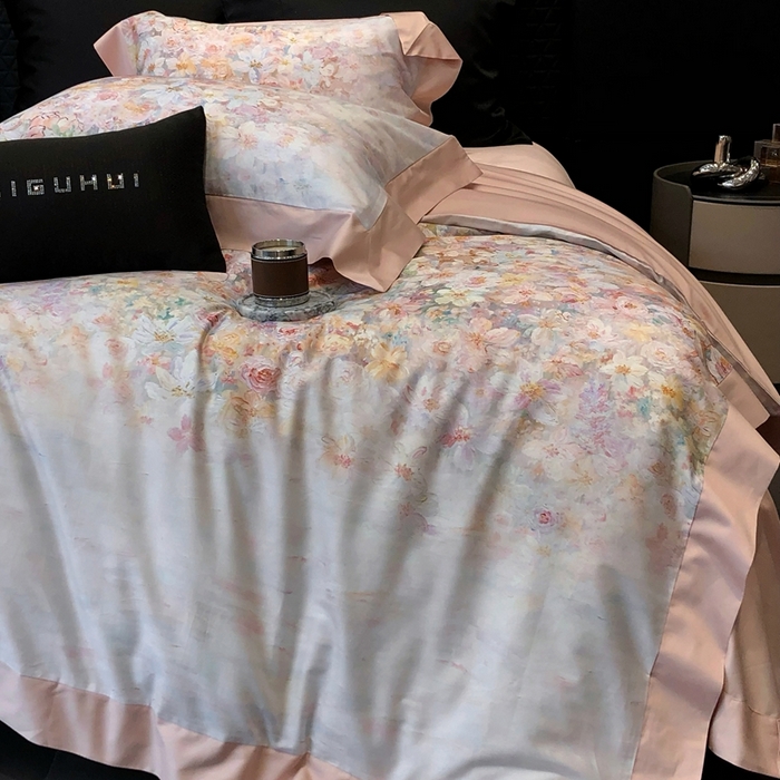 91家纺网 家纺一手货源 找家纺 太古汇家居 2025新款长绒棉纯棉活性丝光工艺数码印花四件套 花慕里-藕粉玉