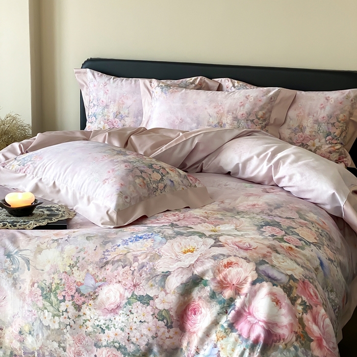 91家纺网 家纺一手货源 找家纺 太古汇家居 2025新款长绒棉纯棉活性丝光工艺数码印花四件套 陌上花开-粉