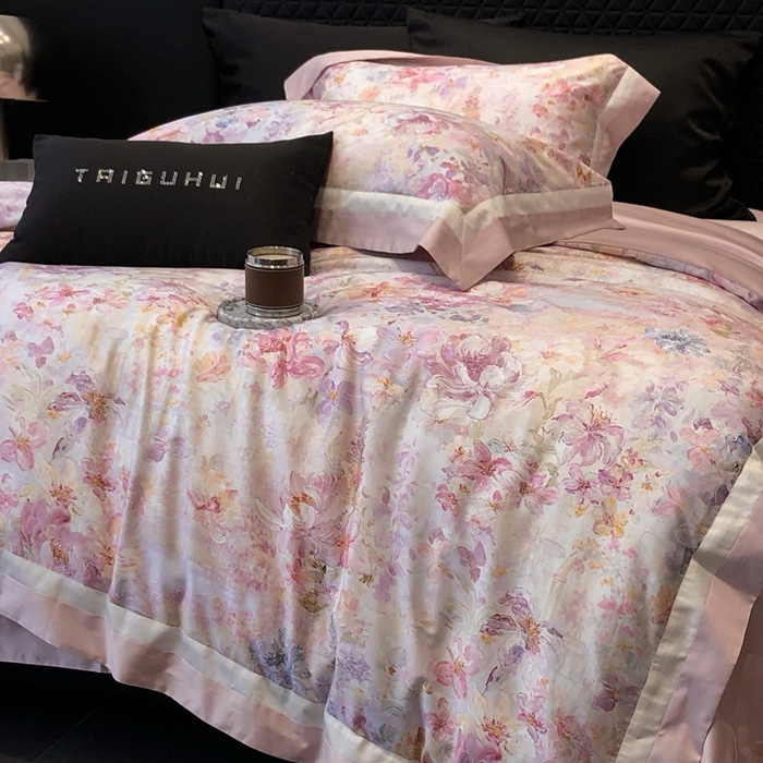 91家纺网 家纺一手货源 找家纺 太古汇家居 2025新款长绒棉纯棉活性丝光工艺数码印花四件套 一亩花棠-粉