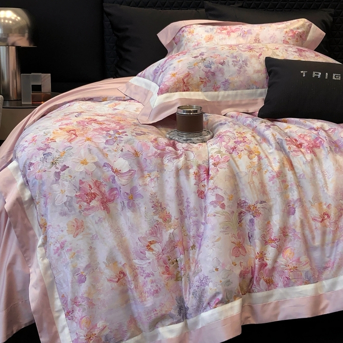 91家纺网 家纺一手货源 找家纺 太古汇家居 2025新款长绒棉纯棉活性丝光工艺数码印花四件套 一亩花棠-粉