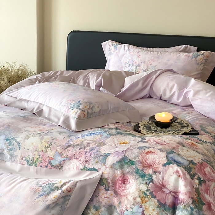 91家纺网 家纺一手货源 找家纺 太古汇家居 2025新款长绒棉纯棉活性丝光工艺数码印花四件套 陌上花开-紫