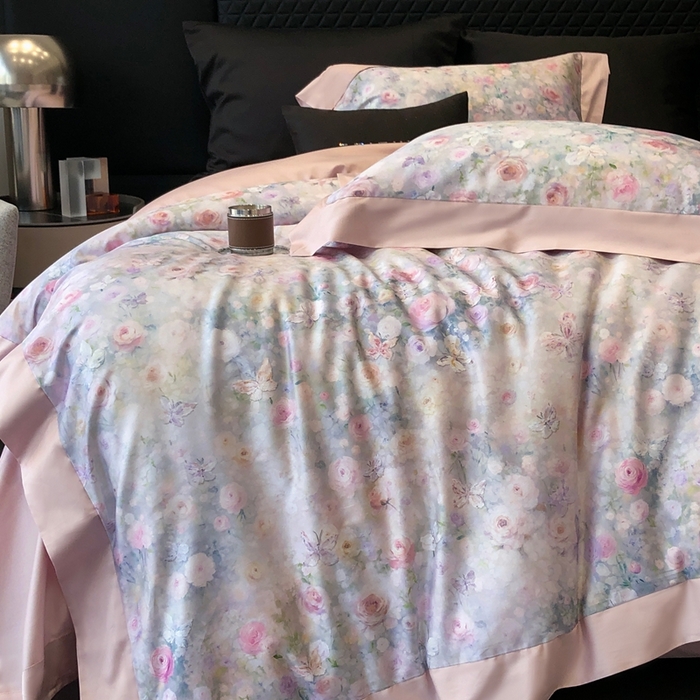 91家纺网 家纺一手货源 找家纺 太古汇家居 2025新款长绒棉纯棉活性丝光工艺数码印花四件套 花屿星辰-粉