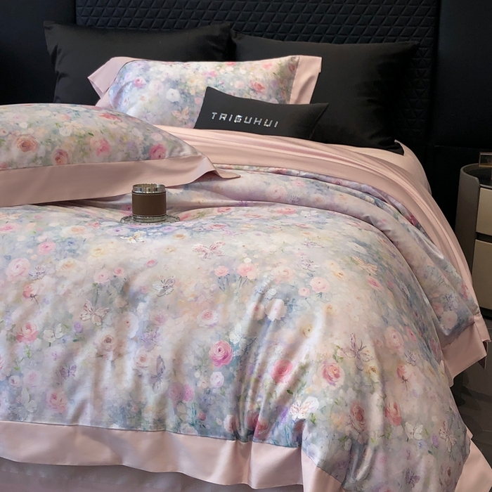 91家纺网 家纺一手货源 找家纺 太古汇家居 2025新款长绒棉纯棉活性丝光工艺数码印花四件套 花屿星辰-粉