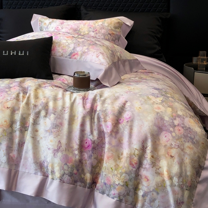 91家纺网 家纺一手货源 找家纺 太古汇家居 2025新款长绒棉纯棉活性丝光工艺数码印花四件套 花屿星辰-紫