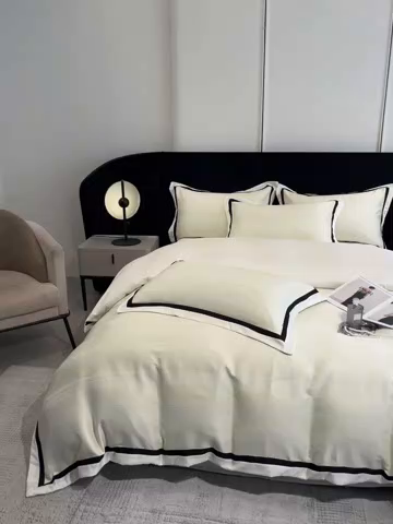 91家纺网 家纺一手货源 找家纺 博纳家纺 2025新款双色宽边高级简奢款四件套-维多利亚 象牙白