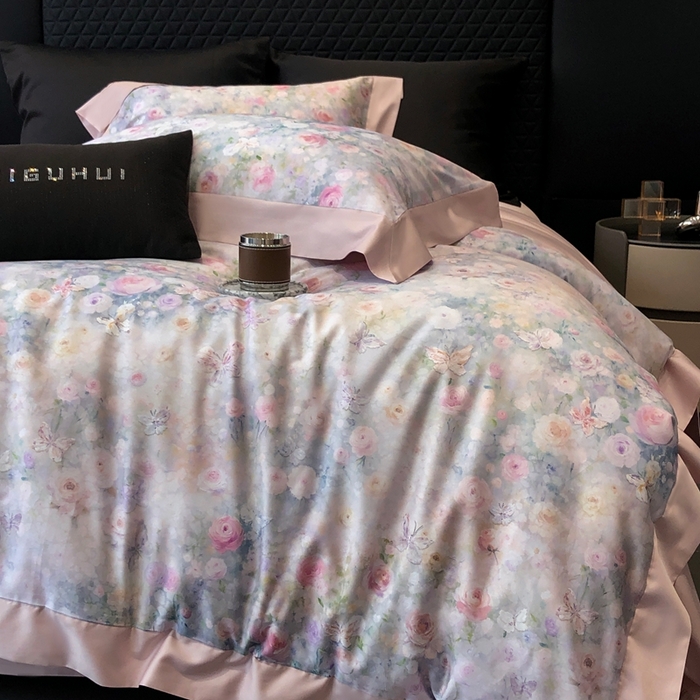 91家纺网 家纺一手货源 找家纺 太古汇家居 2025新款长绒棉纯棉活性丝光工艺数码印花四件套 花屿星辰-粉