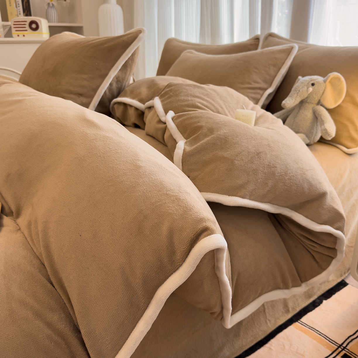 N先生_2025新款牛奶绒纯色包边四件套 奶茶咖