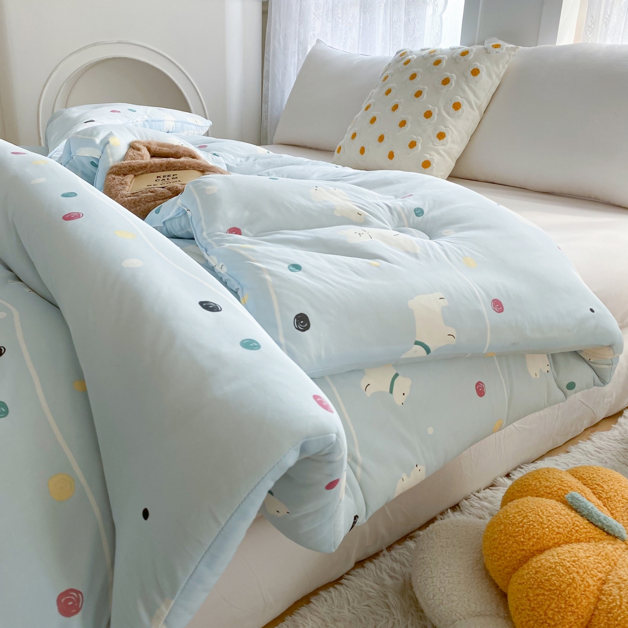 91家纺网 家纺一手货源 找家纺 小叮当家纺仓储工厂店 2025新款A类母婴级宝宝被子豆豆绒牛奶针织棉被子大豆被春秋被秋冬被婴童被夏凉被 牛奶针织被-嗨皮狗