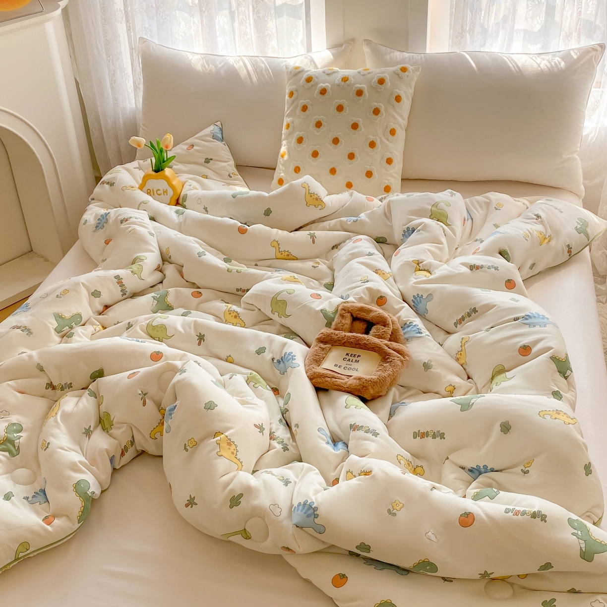 91家纺网 家纺一手货源 找家纺 小叮当家纺仓储工厂店 2025新款A类母婴级宝宝被子豆豆绒牛奶针织棉被子大豆被春秋被秋冬被婴童被夏凉被 牛奶针织被-卡通小恐龙