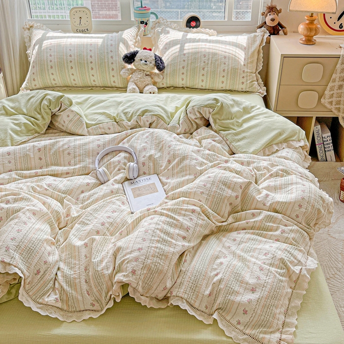 91家纺网 家纺一手货源 找家纺 （总）梦纤绒 2025新款云感木棉皱皱双层纱全棉花边四件套