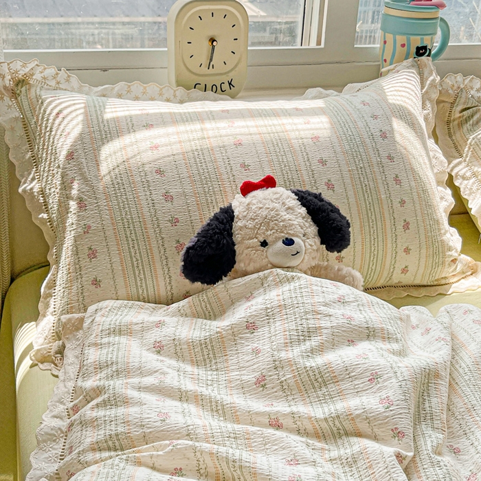 91家纺网 家纺一手货源 找家纺 （总）梦纤绒 2025新款云感木棉皱皱双层纱全棉花边四件套