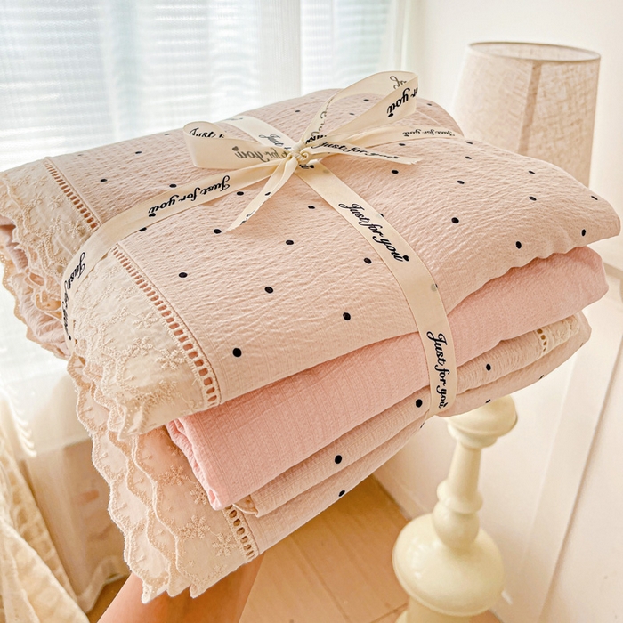 91家纺网 家纺一手货源 找家纺 （总）梦纤绒 2025新款云感木棉皱皱双层纱全棉花边四件套