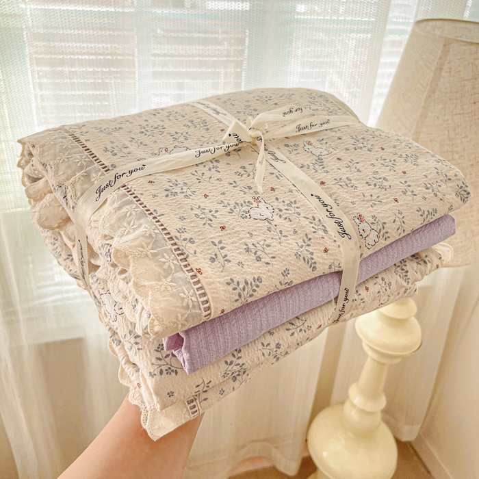 91家纺网 家纺一手货源 找家纺 （总）梦纤绒 2025新款云感木棉皱皱双层纱全棉花边四件套