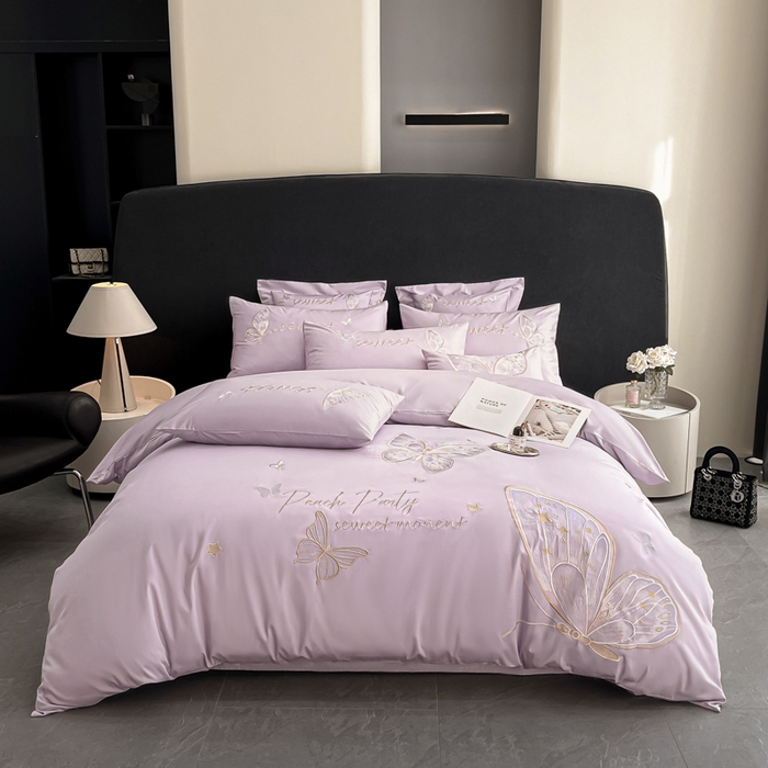 91家纺网 家纺一手货源 找家纺 博纳家纺 2025新款纯棉绣花四件套-蝶舞飞扬 优雅紫