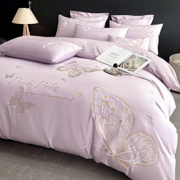 91家纺网 家纺一手货源 找家纺 博纳家纺 2025新款纯棉绣花四件套-蝶舞飞扬 优雅紫