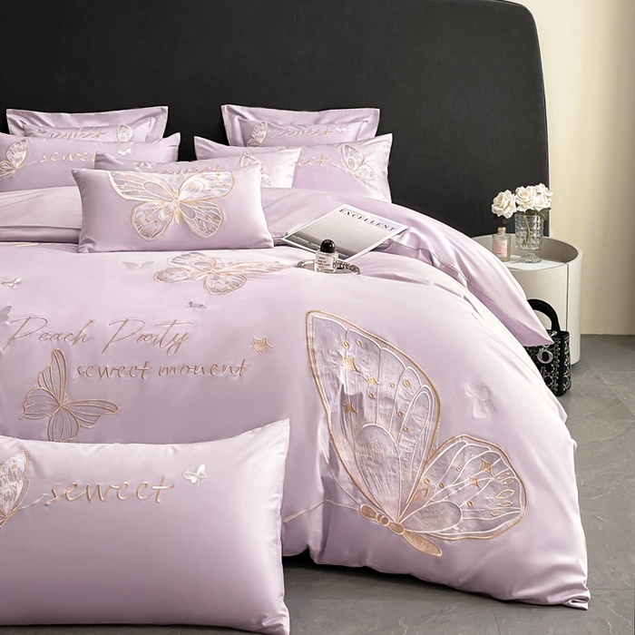 91家纺网 家纺一手货源 找家纺 博纳家纺 2025新款纯棉绣花四件套-蝶舞飞扬 优雅紫