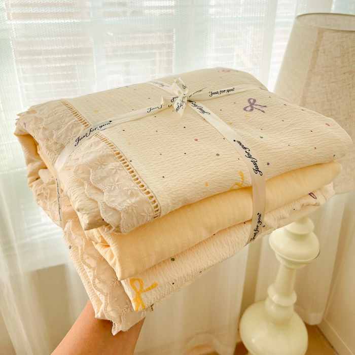 91家纺网 家纺一手货源 找家纺 （总）梦纤绒 2025新款云感木棉皱皱双层纱全棉花边四件套