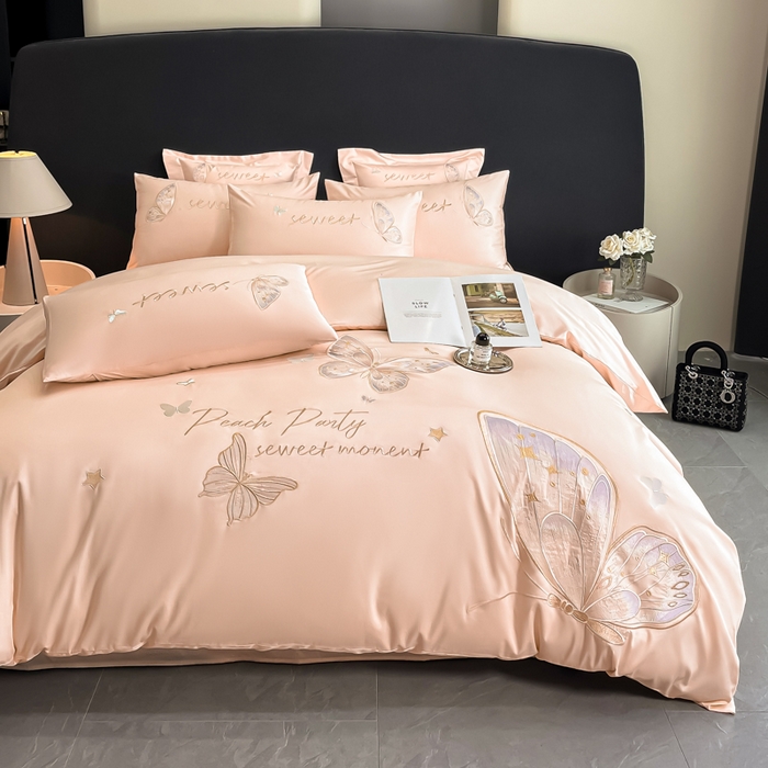 91家纺网 家纺一手货源 找家纺 博纳家纺 2025新款纯棉绣花四件套-蝶舞飞扬 玉色