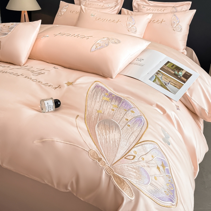 91家纺网 家纺一手货源 找家纺 博纳家纺 2025新款纯棉绣花四件套-蝶舞飞扬 玉色