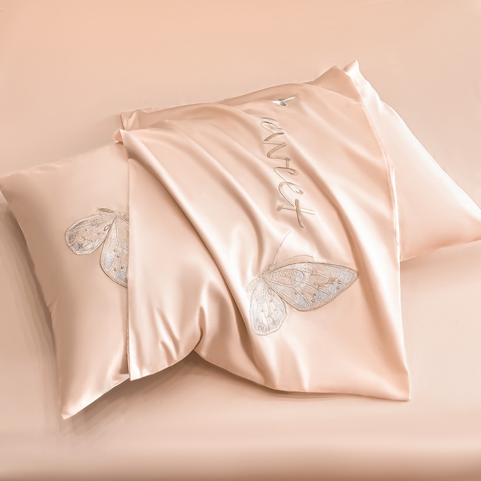 91家纺网 家纺一手货源 找家纺 博纳家纺 2025新款纯棉绣花四件套-蝶舞飞扬 玉色