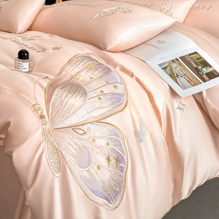 91家纺网 家纺一手货源 找家纺 博纳家纺 2025新款纯棉绣花四件套-蝶舞飞扬 玉色