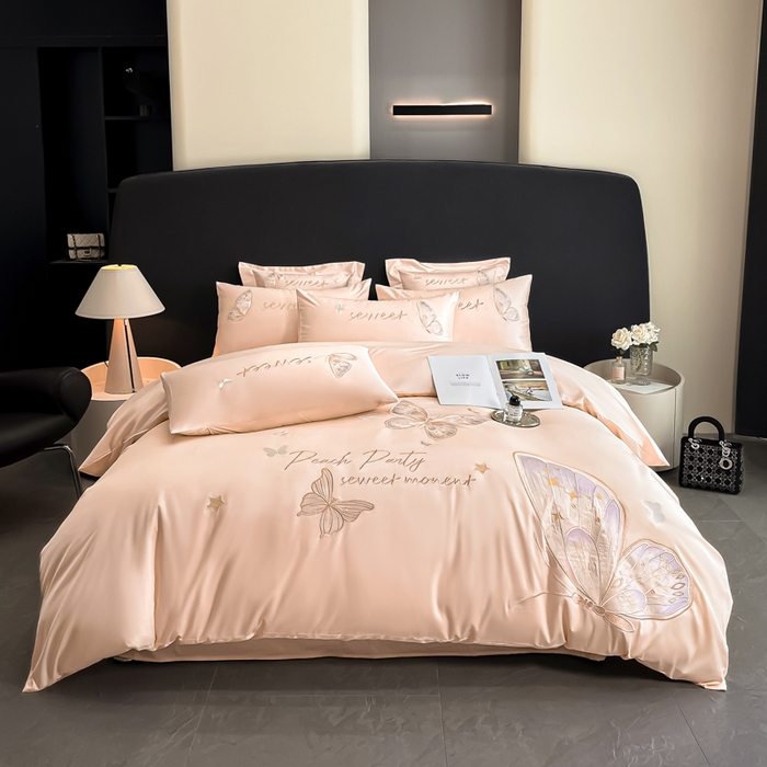 91家纺网 家纺一手货源 找家纺 博纳家纺 2025新款纯棉绣花四件套-蝶舞飞扬 玉色