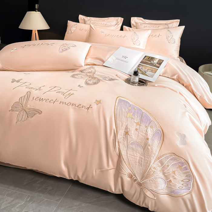 91家纺网 家纺一手货源 找家纺 博纳家纺 2025新款纯棉绣花四件套-蝶舞飞扬 玉色