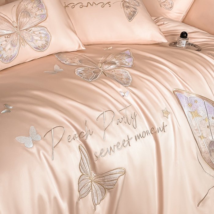 91家纺网 家纺一手货源 找家纺 博纳家纺 2025新款纯棉绣花四件套-蝶舞飞扬 玉色