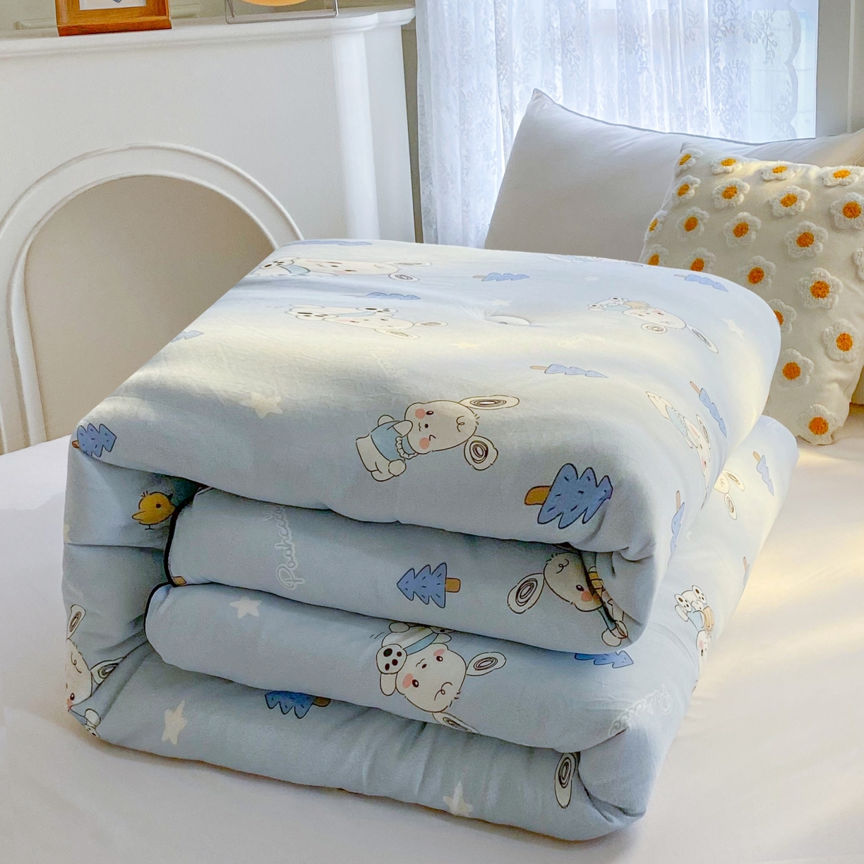 91家纺网 家纺一手货源 找家纺 小叮当家纺仓储工厂店 2025新款A类母婴级宝宝被子豆豆绒牛奶针织棉被子大豆被春秋被秋冬被婴童被夏凉被 牛奶针织被-帕恰狗蓝