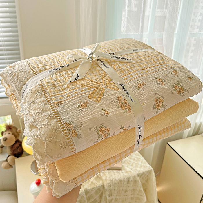 91家纺网 家纺一手货源 找家纺 （总）梦纤绒 2025新款云感木棉皱皱双层纱全棉花边四件套