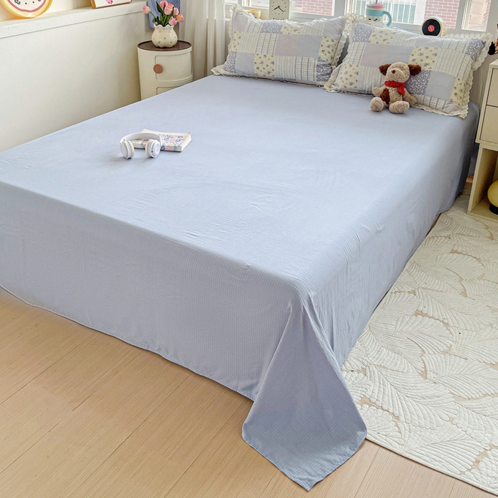 91家纺网 家纺一手货源 找家纺 梦纤绒 2025新款云感木棉皱皱双层纱全棉花边四件套 百福蓝