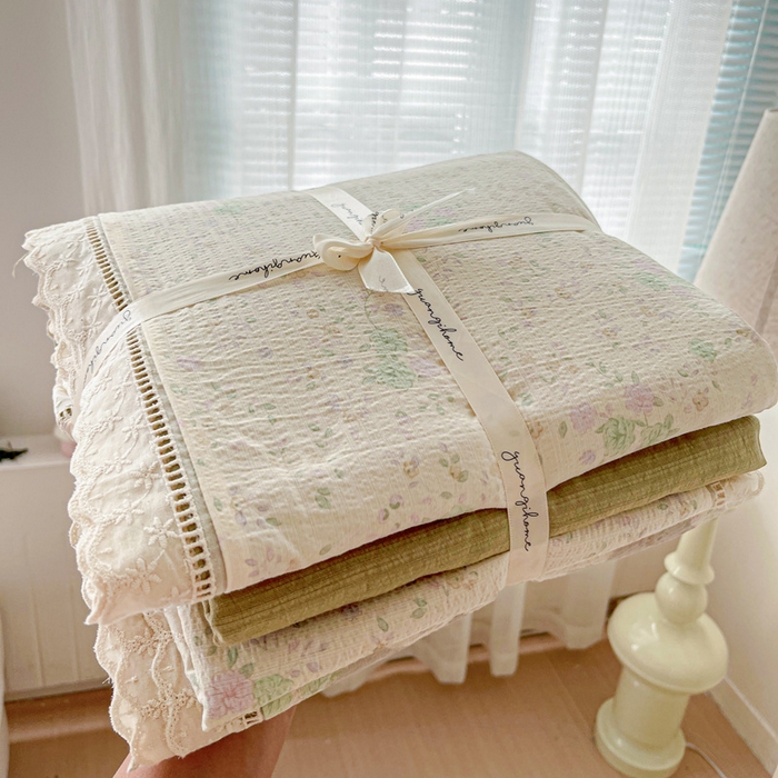 梦纤绒 2025新款云感木棉皱皱双层纱全棉花边四件套 薄荷微凉