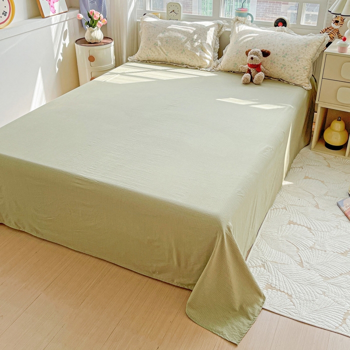 91家纺网 家纺一手货源 找家纺 梦纤绒 2025新款云感木棉皱皱双层纱全棉花边四件套 薄荷微凉