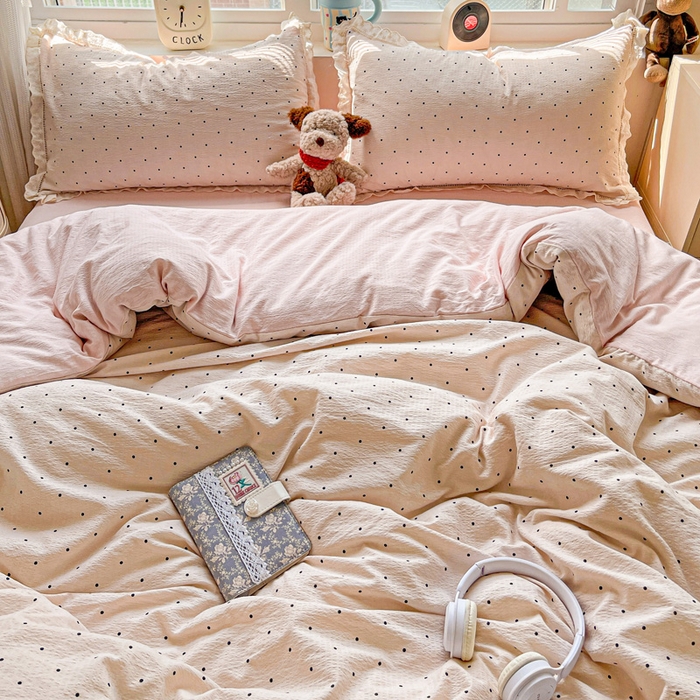 91家纺网 家纺一手货源 找家纺 梦纤绒 2025新款云感木棉皱皱双层纱全棉花边四件套 初恋