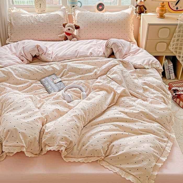 91家纺网 家纺一手货源 找家纺 梦纤绒 2025新款云感木棉皱皱双层纱全棉花边四件套 初恋