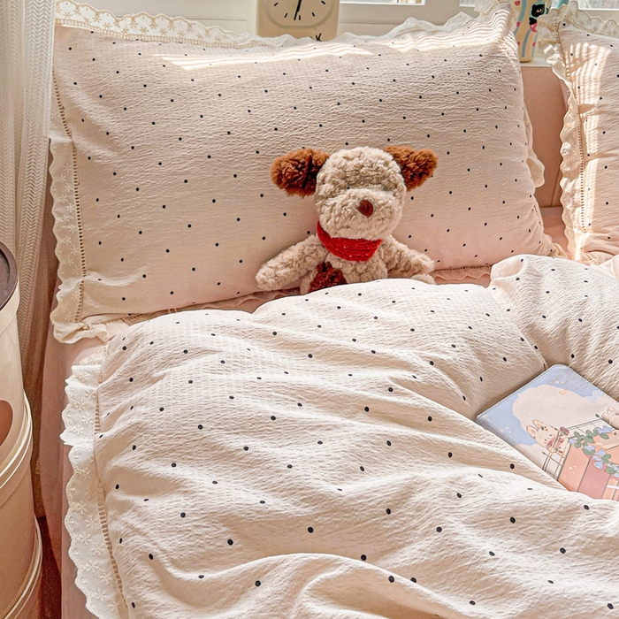 91家纺网 家纺一手货源 找家纺 梦纤绒 2025新款云感木棉皱皱双层纱全棉花边四件套 初恋