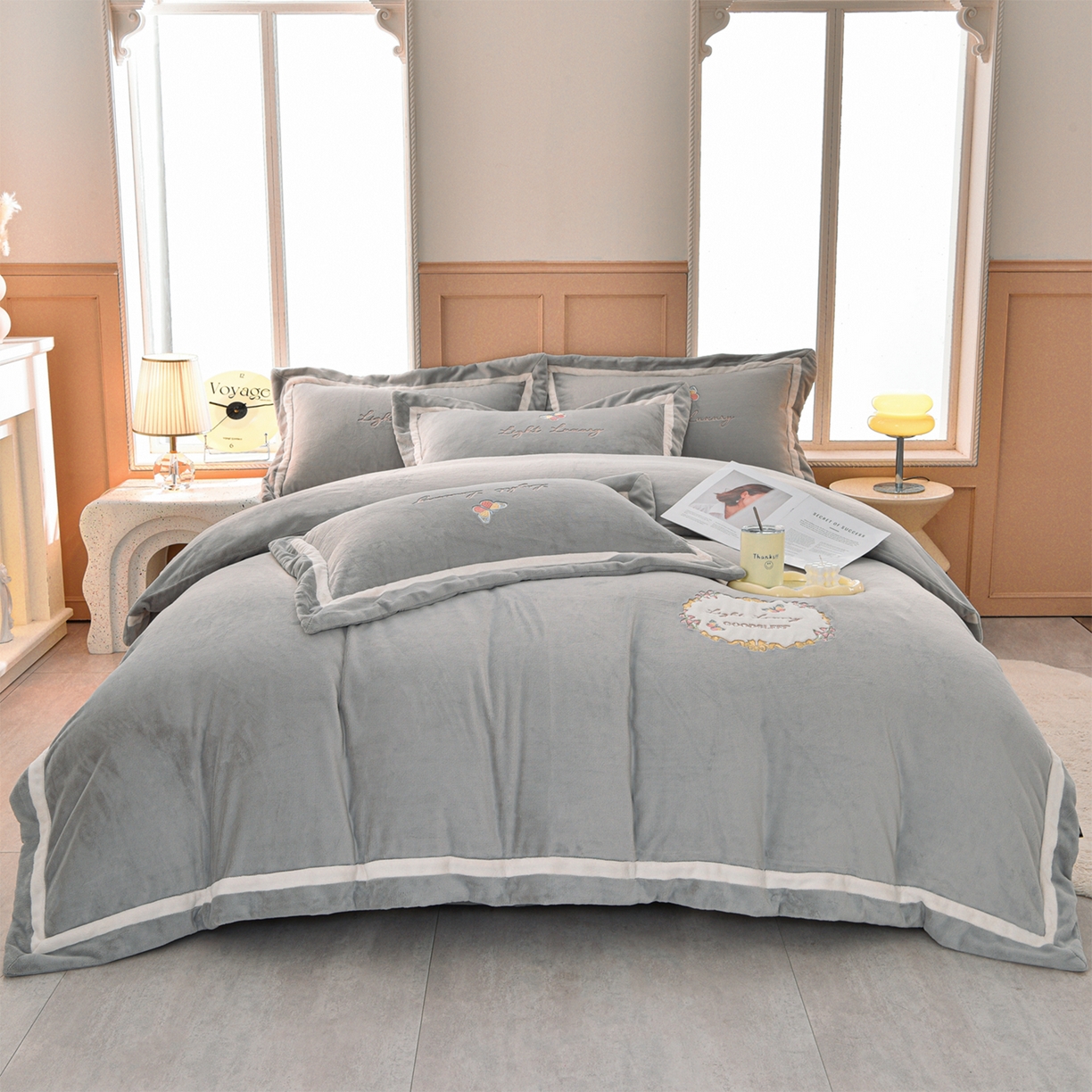 柔享家（原芷澜家纺） 2025新款A类高克重全消光牛奶绒刺绣四件套系列-蝶恋花 蝶恋花-灰