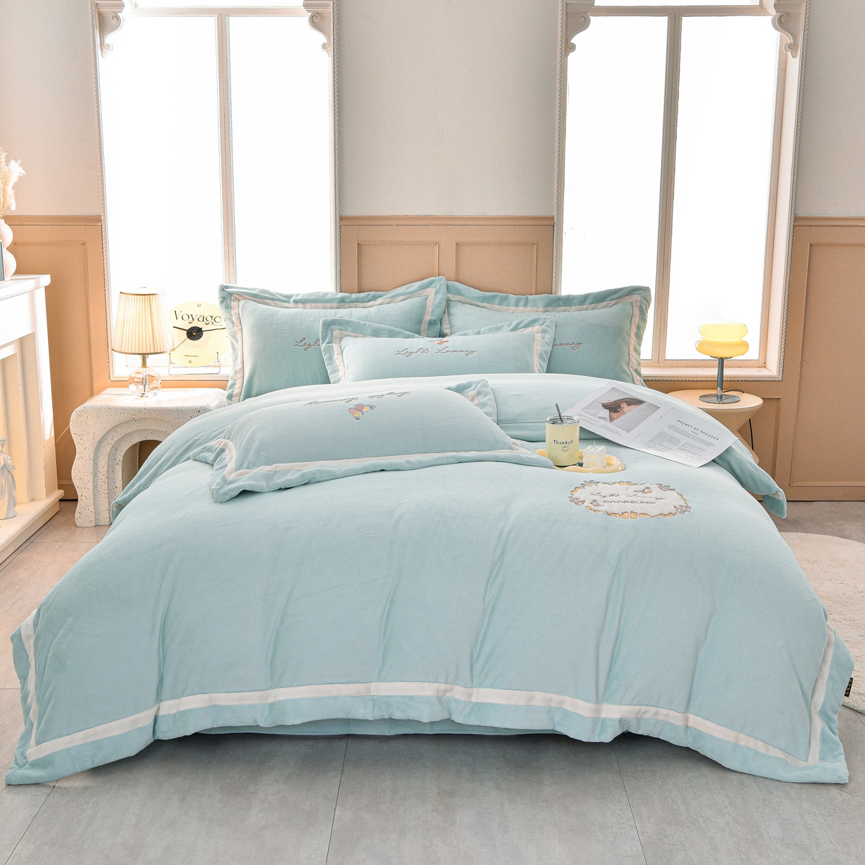 柔享家（原芷澜家纺） 2025新款A类高克重全消光牛奶绒刺绣四件套系列-蝶恋花 蝶恋花-湖蓝