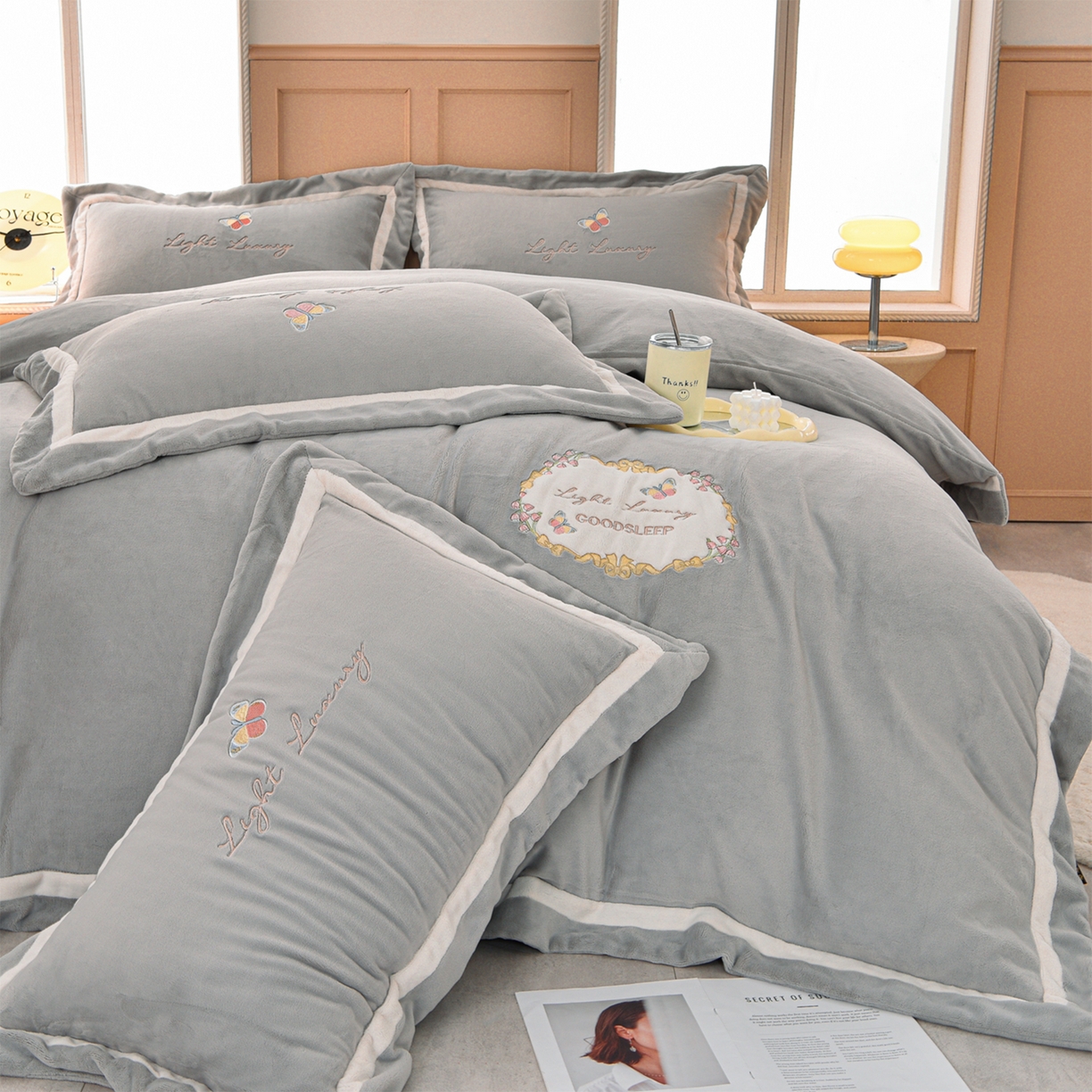 91家纺网 家纺一手货源 找家纺 柔享家（原芷澜家纺） 2025新款A类高克重全消光牛奶绒刺绣四件套系列-蝶恋花 蝶恋花-灰