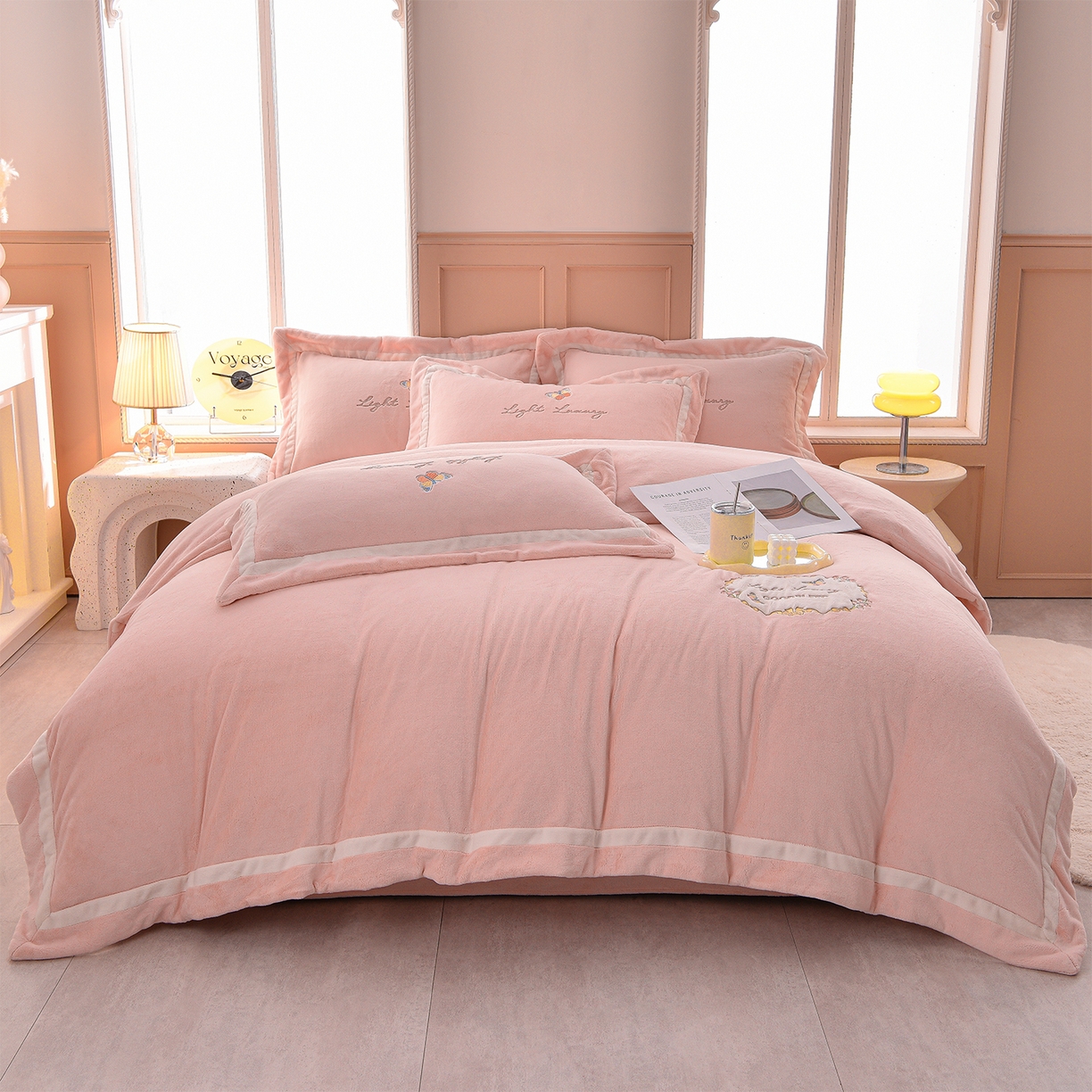 柔享家（原芷澜家纺） 2025新款A类高克重全消光牛奶绒刺绣四件套系列-蝶恋花 蝶恋花-粉