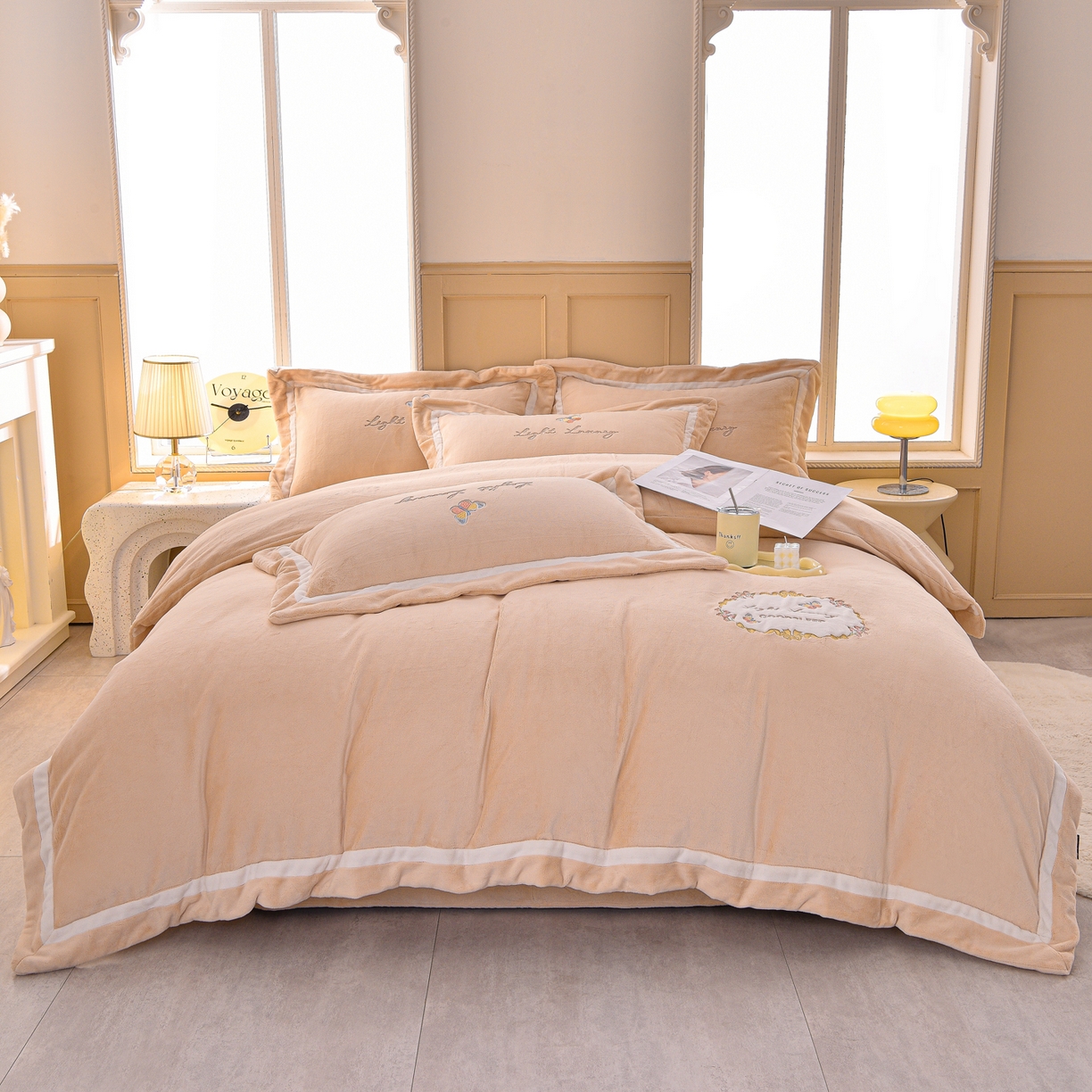 柔享家（原芷澜家纺） 2025新款A类高克重全消光牛奶绒刺绣四件套系列-蝶恋花 蝶恋花-卡其